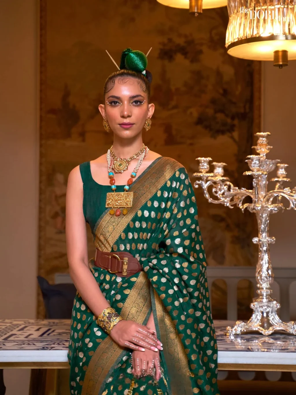 Ethnic Designer Royal Green Pure Khadi Zari Woven Silk Saree - Image 2