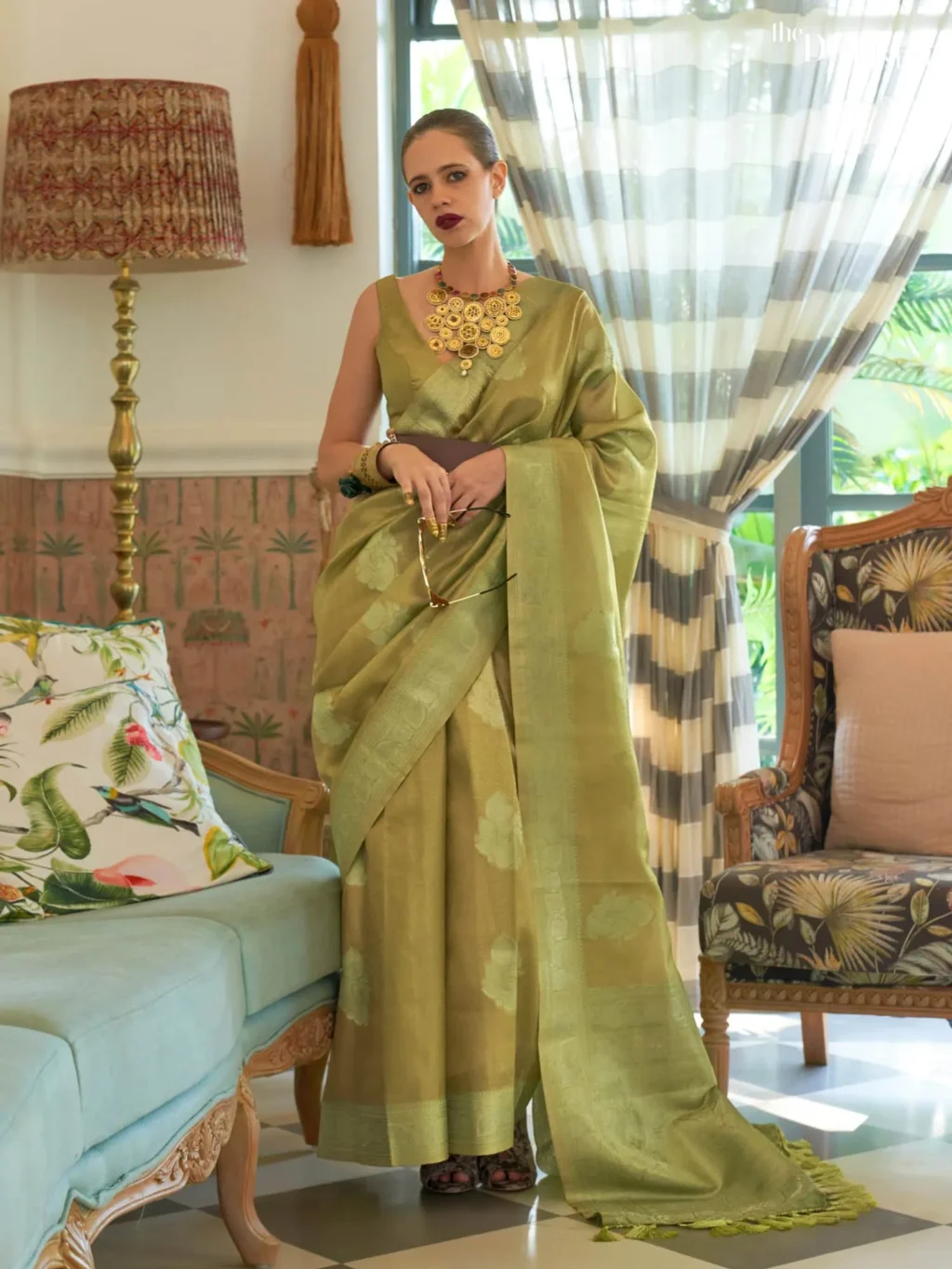 Elegant Olive Green Satin Tissue Silk Saree - party wear saree