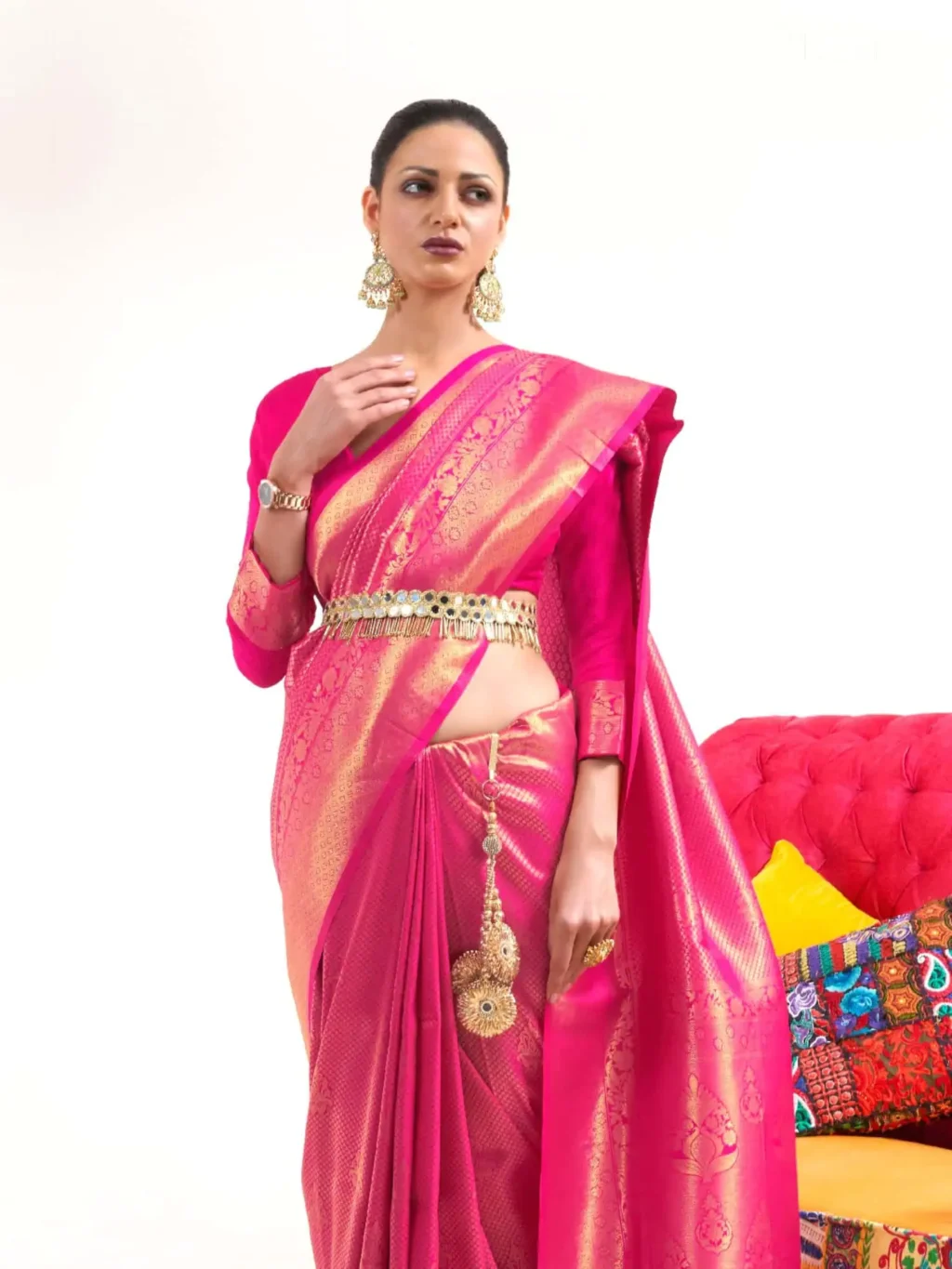 Hot Pink Kanjeevaram Woven Silk Saree - Image 2