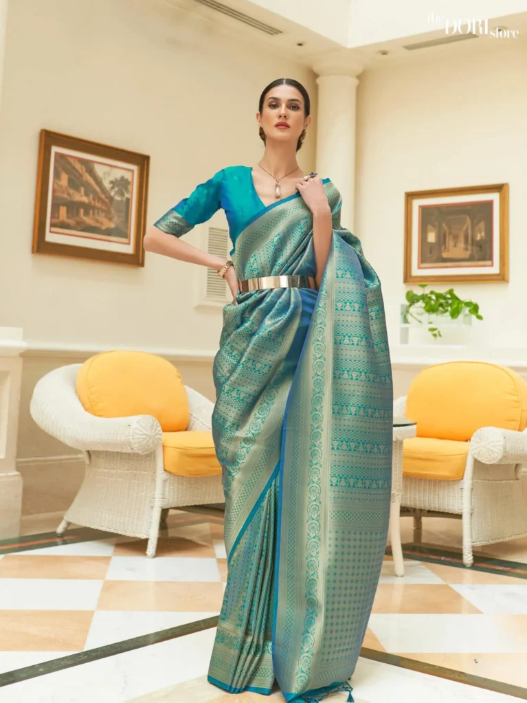 Teal Blue Designer Kanjeevaram Silk Saree - party wear saree