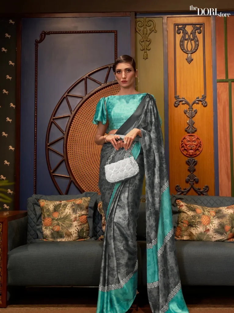 Greenish Grey Printed Japan Satin Crepe Saree - party wear saree