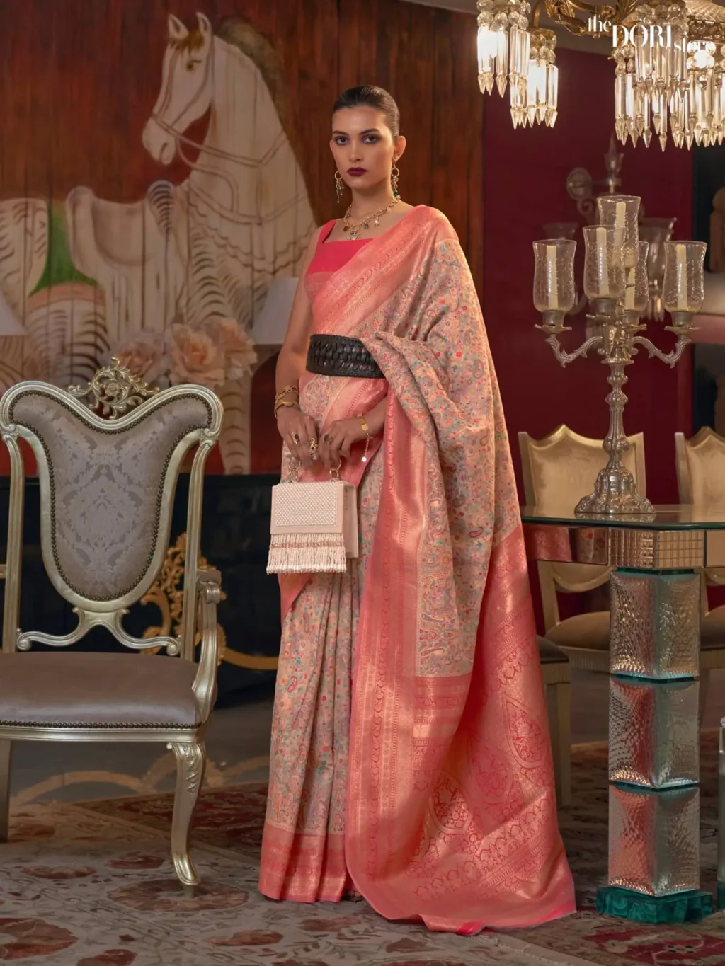 Coral Peach Pink Kashmiri Jamewar Silk Saree - party wear saree