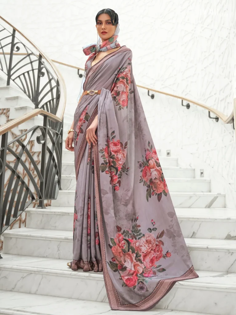 Floral Grey Festive Pure Soft Crepe Silk Saree - party wear saree
