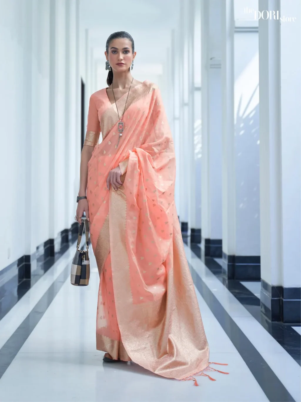 Light Orange  Mukaish Weaving Handloom Silk Saree - party wear saree