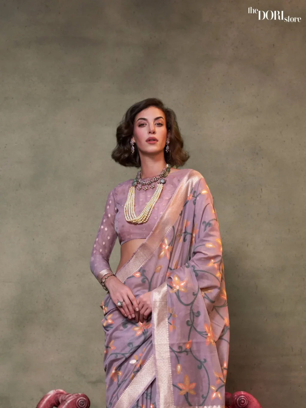 Bright Lavender Purple Woven Banarasi Jamdani Saree - Image 3