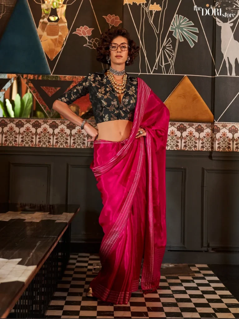 Royal Princess Pink Pure Viscose Handloom Silk Saree with Contrast Blouse  - party wear saree