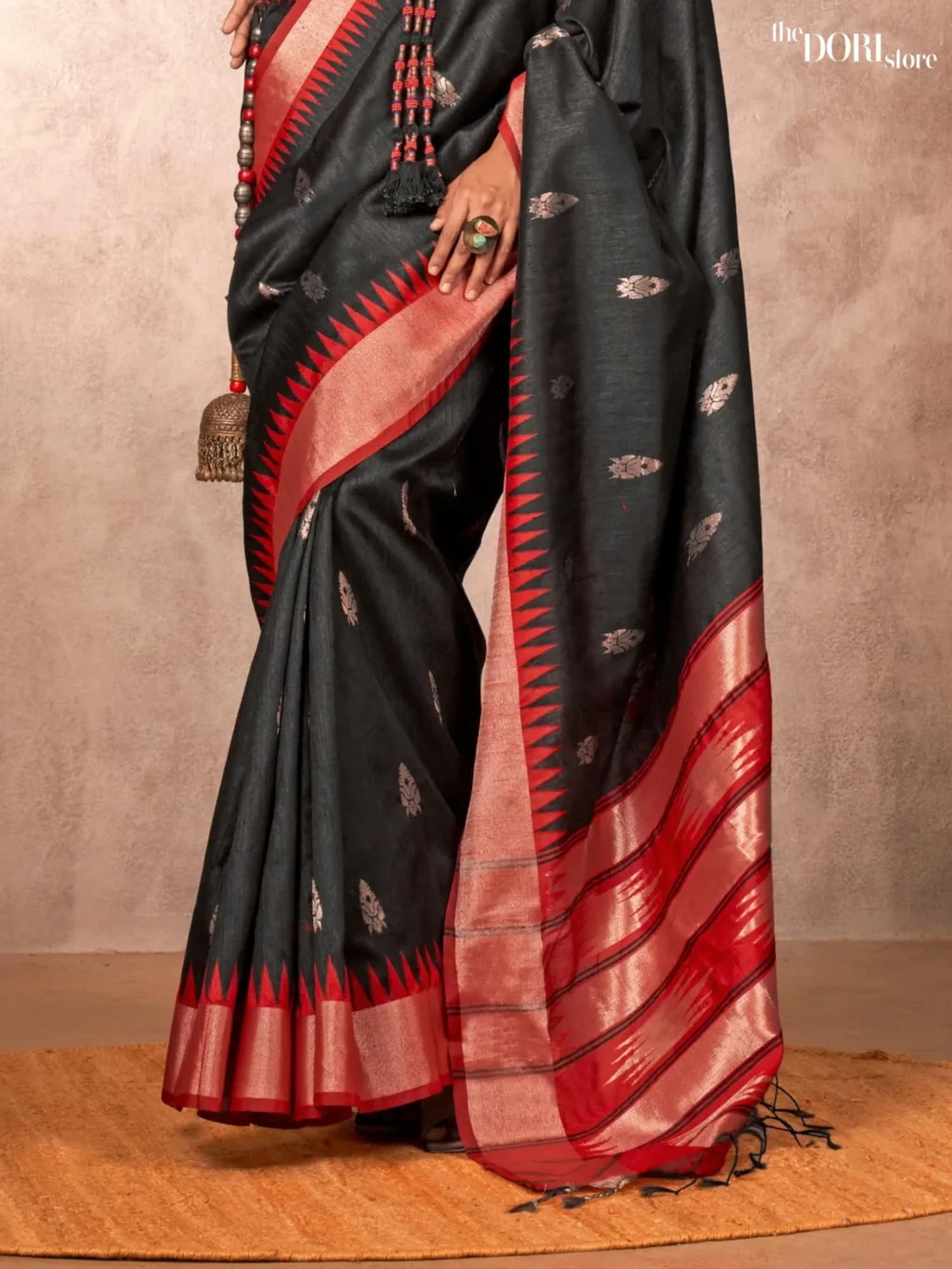Jet Black Banarasi Silk Saree with Contrast Border - Image 3