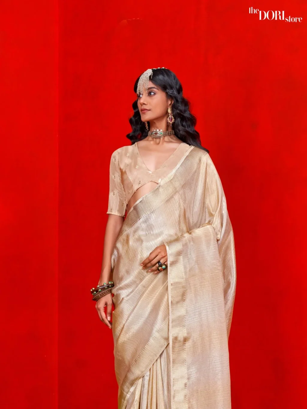 Ethnic Beige Cream Woven Banarasi Viscose Zari Silk Saree - Image 2