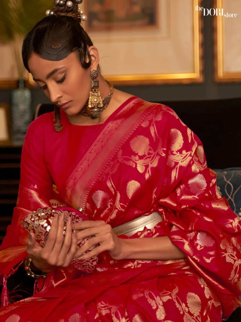 Partywear Red Banarasi Handloom Woven Silk Saree - Image 2