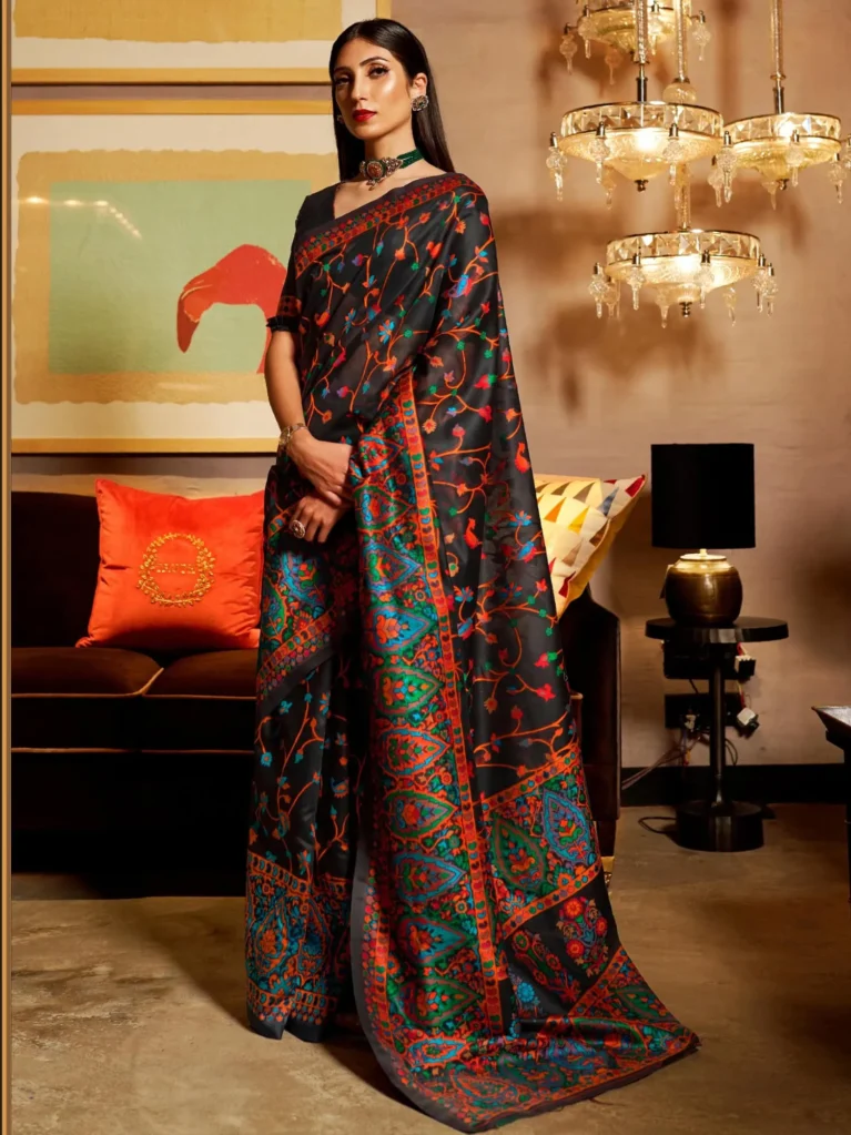 Mystic Black Woven Kashmiri Silk Saree - party wear saree