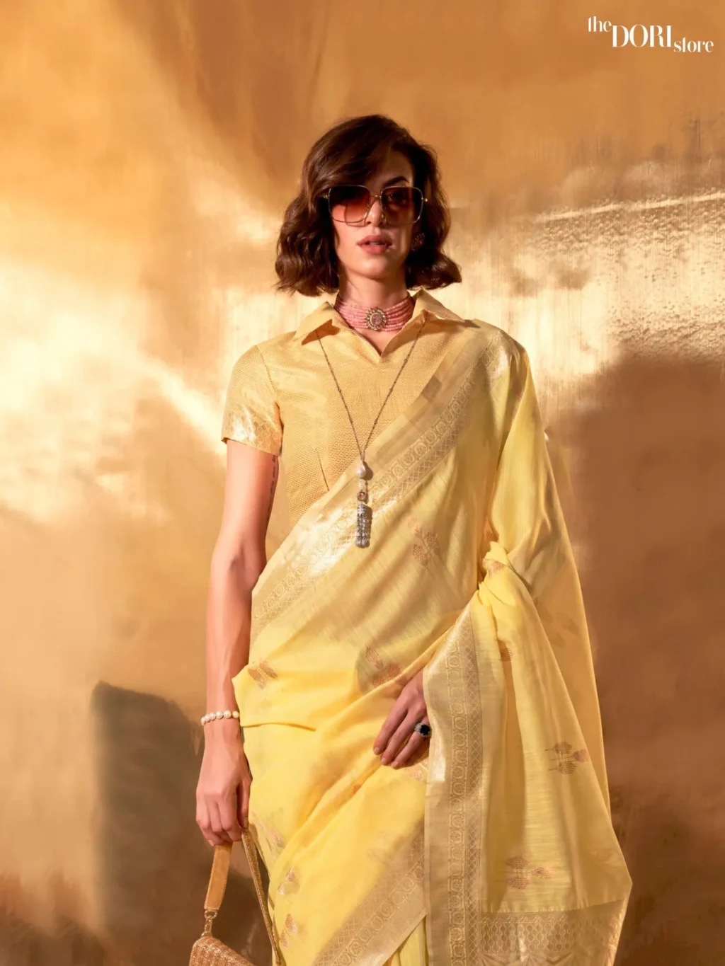 Lime Yellow Festive Woven Linen Silk Saree - Image 3