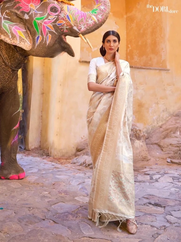 Golden Off White Banarasi Silk Saree - party wear saree
