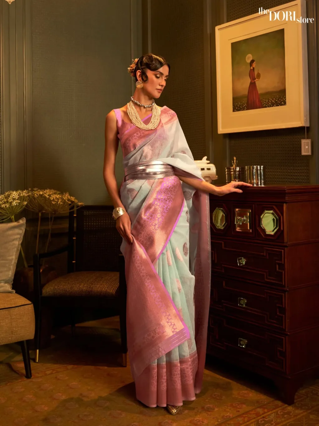 Elegant Grey Zari Woven Linen Silk Saree - Image 2