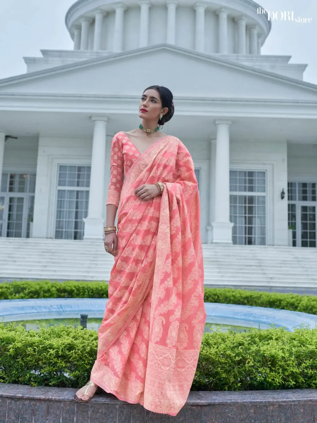 Peach Blush Lucknowi Georgette Weaving Saree - party wear saree