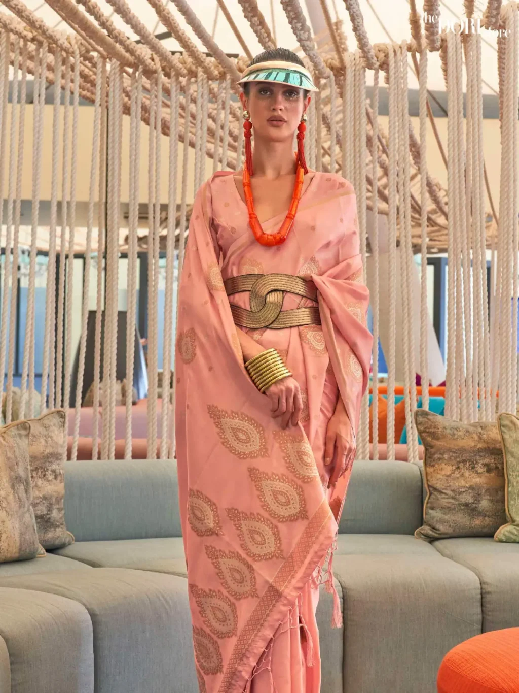 Peach Pink Pure Satin Copper Zari Weaving Saree - Image 2