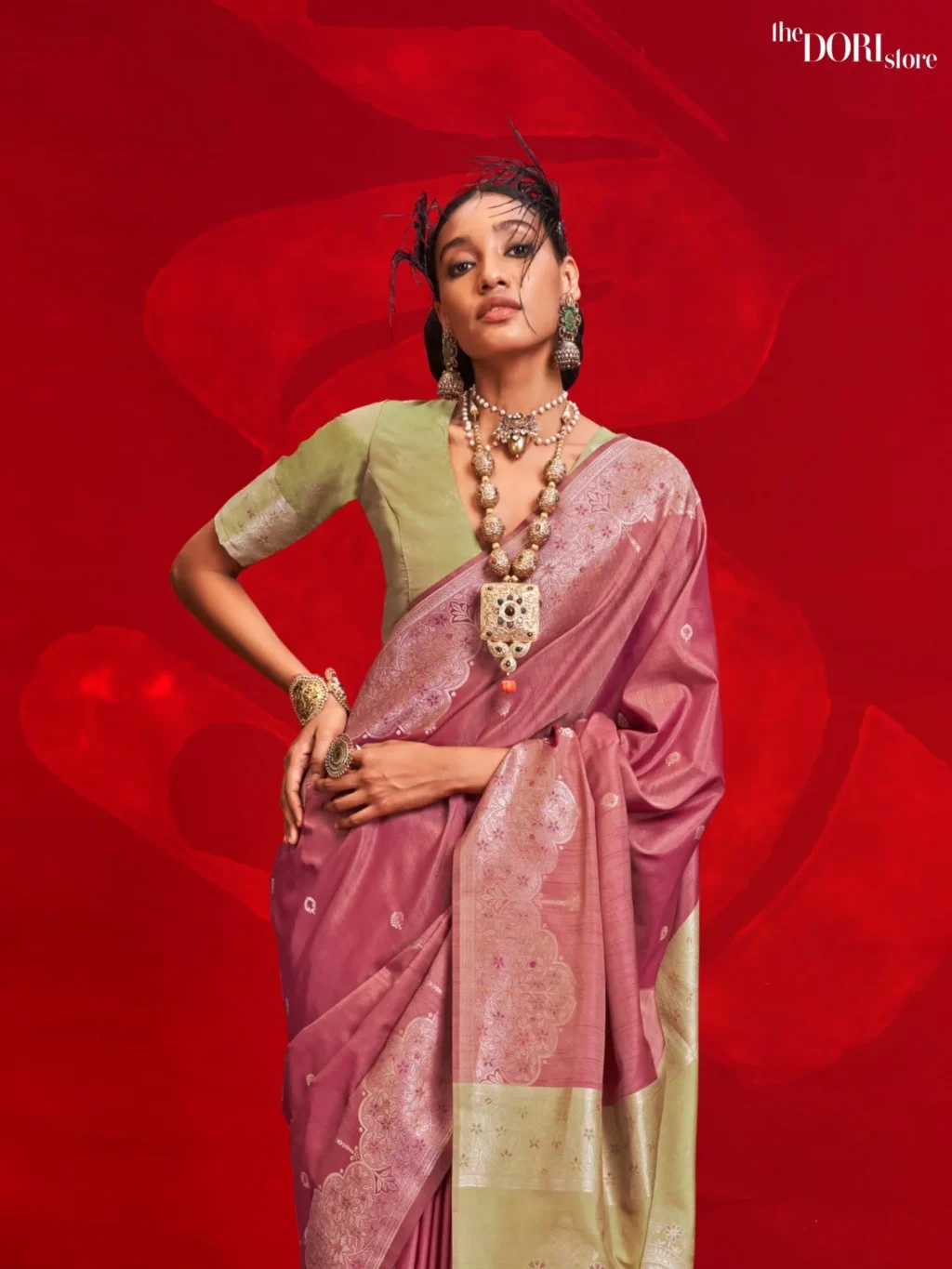 Mauve Pink Tussar Banarasi Silk Saree - Image 3
