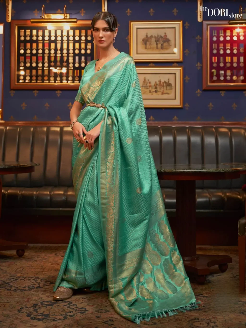 Mint Green Designer Satin Silk Woven Saree - party wear saree