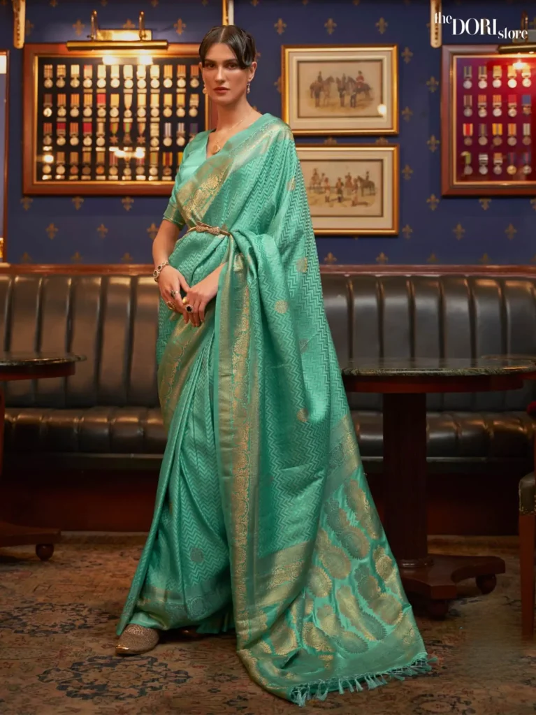Mint Green Designer Satin Silk Woven Saree - party wear saree