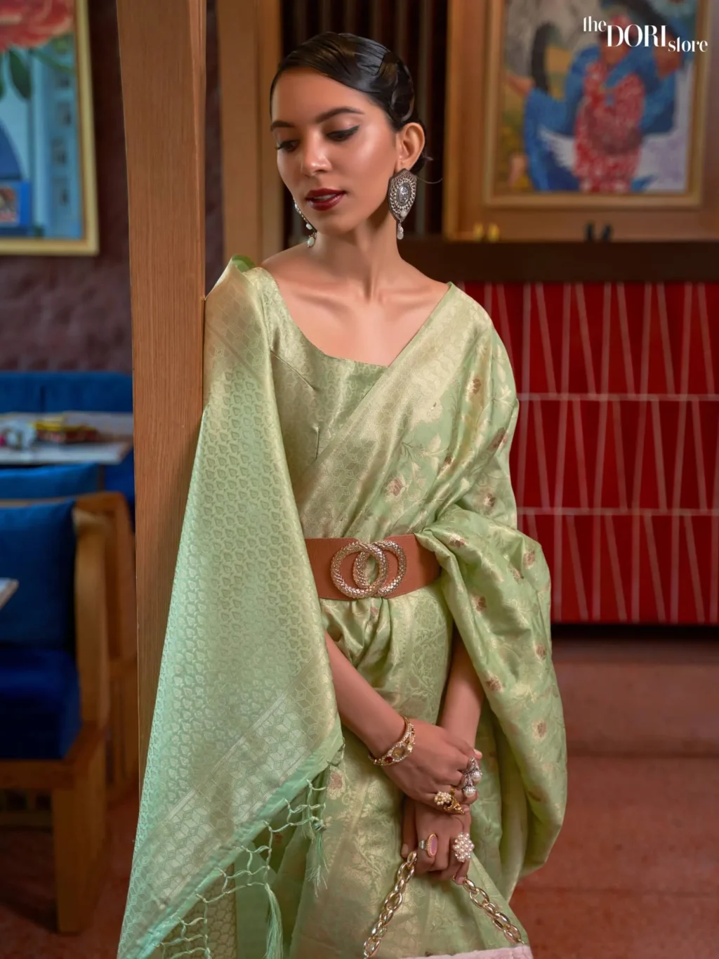 Ethnic Light Green Banarasi Handloom Woven Silk Saree - Image 2