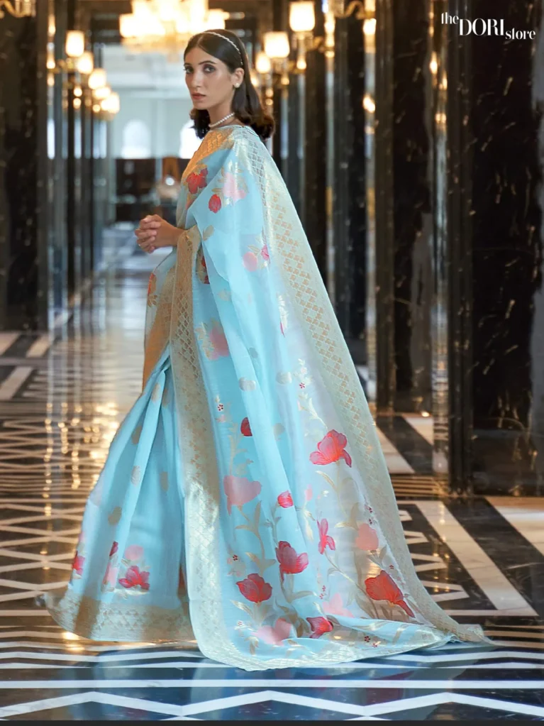 Designer Light Blue Floral Woven Linen saree Saree - party wear saree