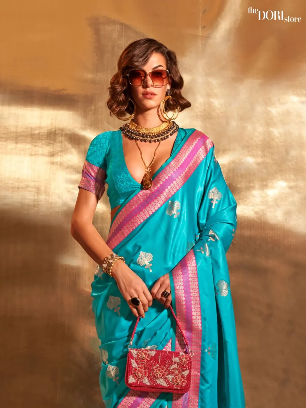 Bright Blue Woven Soft Banarasi Satin Silk Saree - Image 3