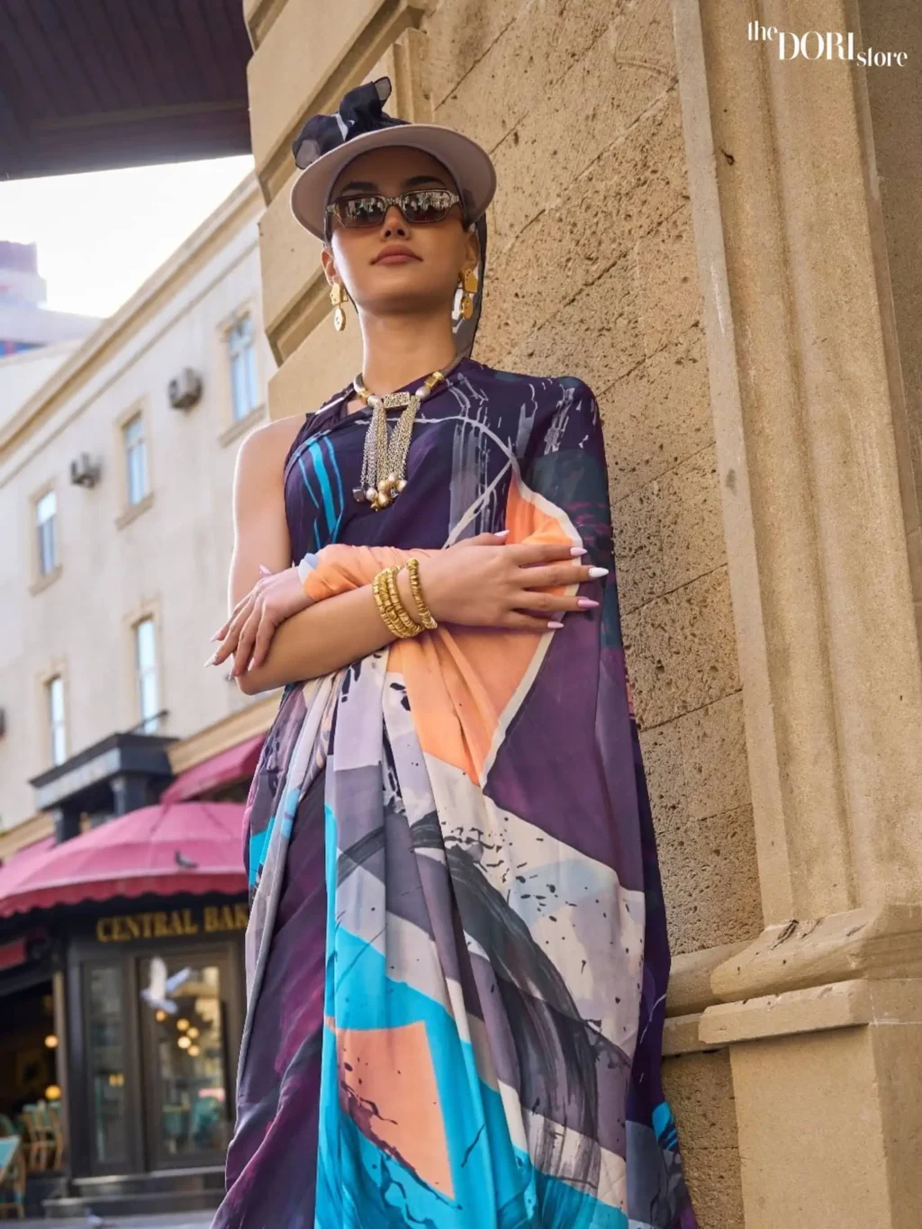 Bluish Multicolor Pure Digital Print Crepe Silk Saree - Image 3