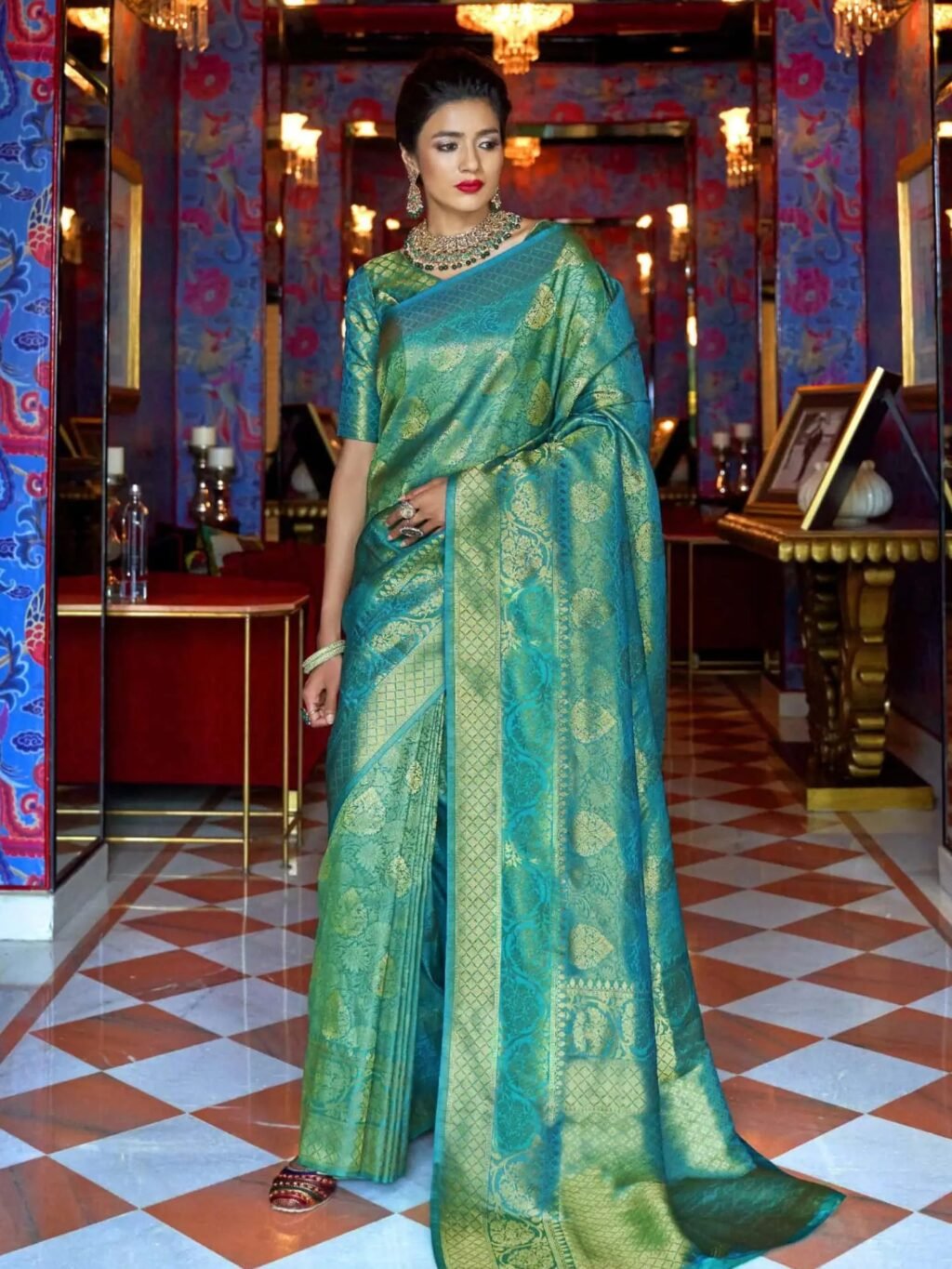 Beautiful Aqua Green Kanjeevaram Silk Saree - party wear saree