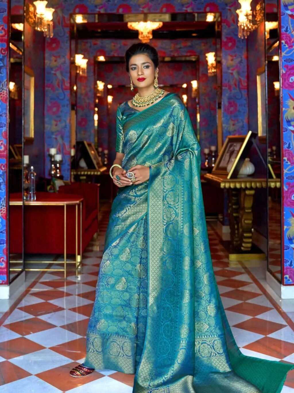 Beautiful Teal Blue Soft Kanjeevaram Silk Saree - party wear saree