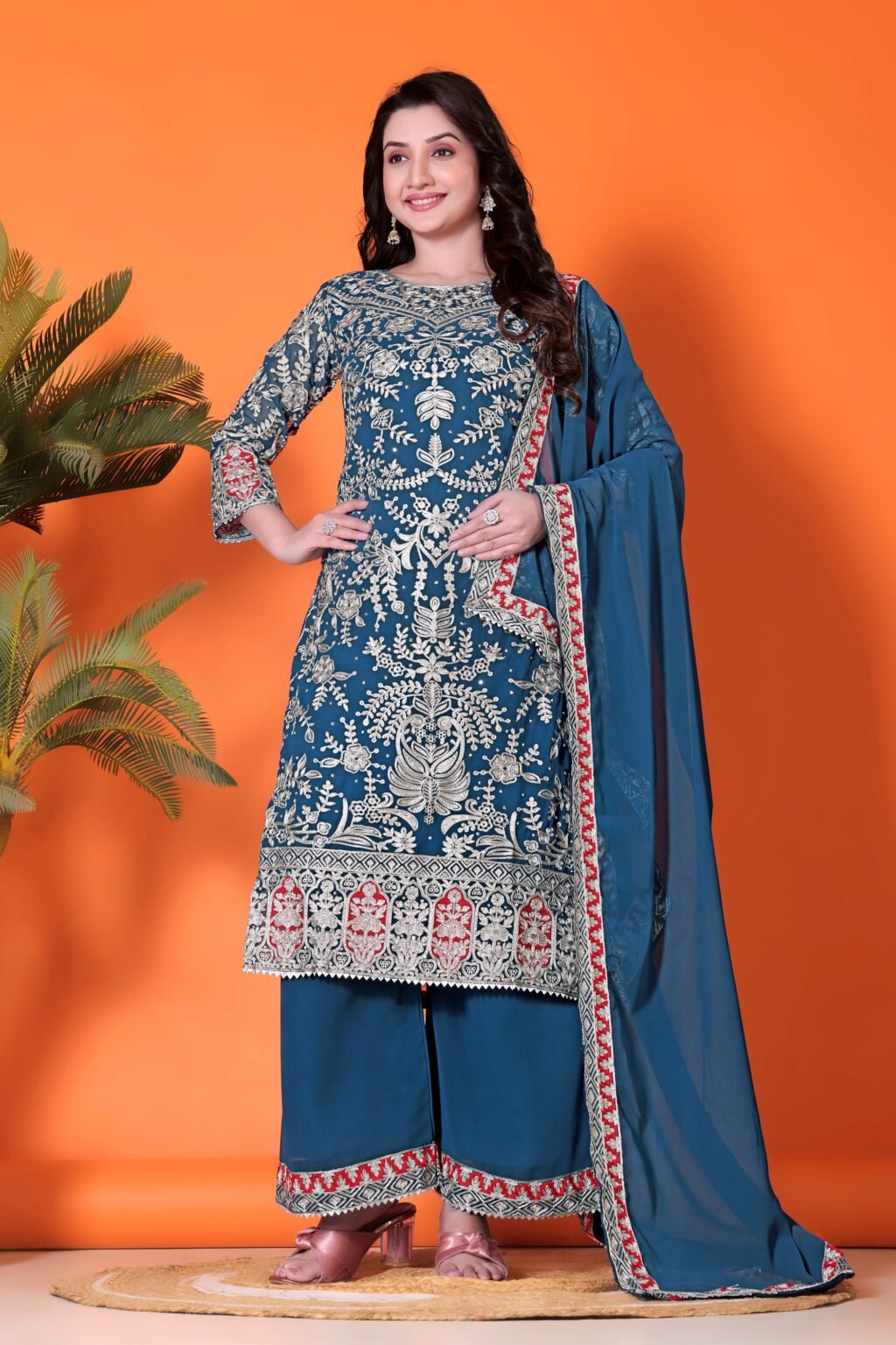 Partywear Teal Georgette Ready To Wear Salwar Suit - Image 5