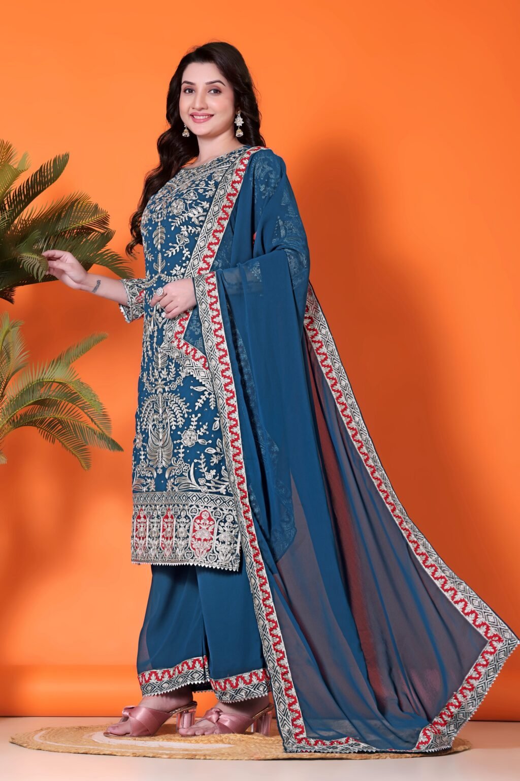 Partywear Teal Georgette Ready To Wear Salwar Suit - Image 4