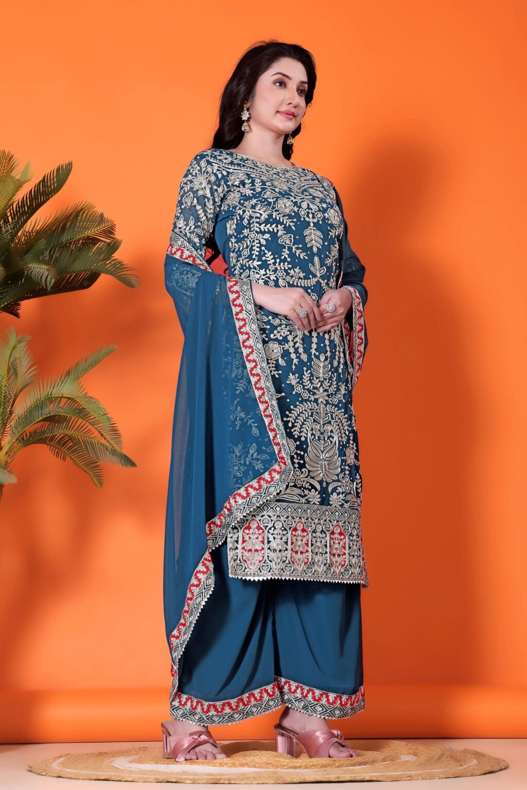 Partywear Teal Georgette Ready To Wear Salwar Suit - Image 3