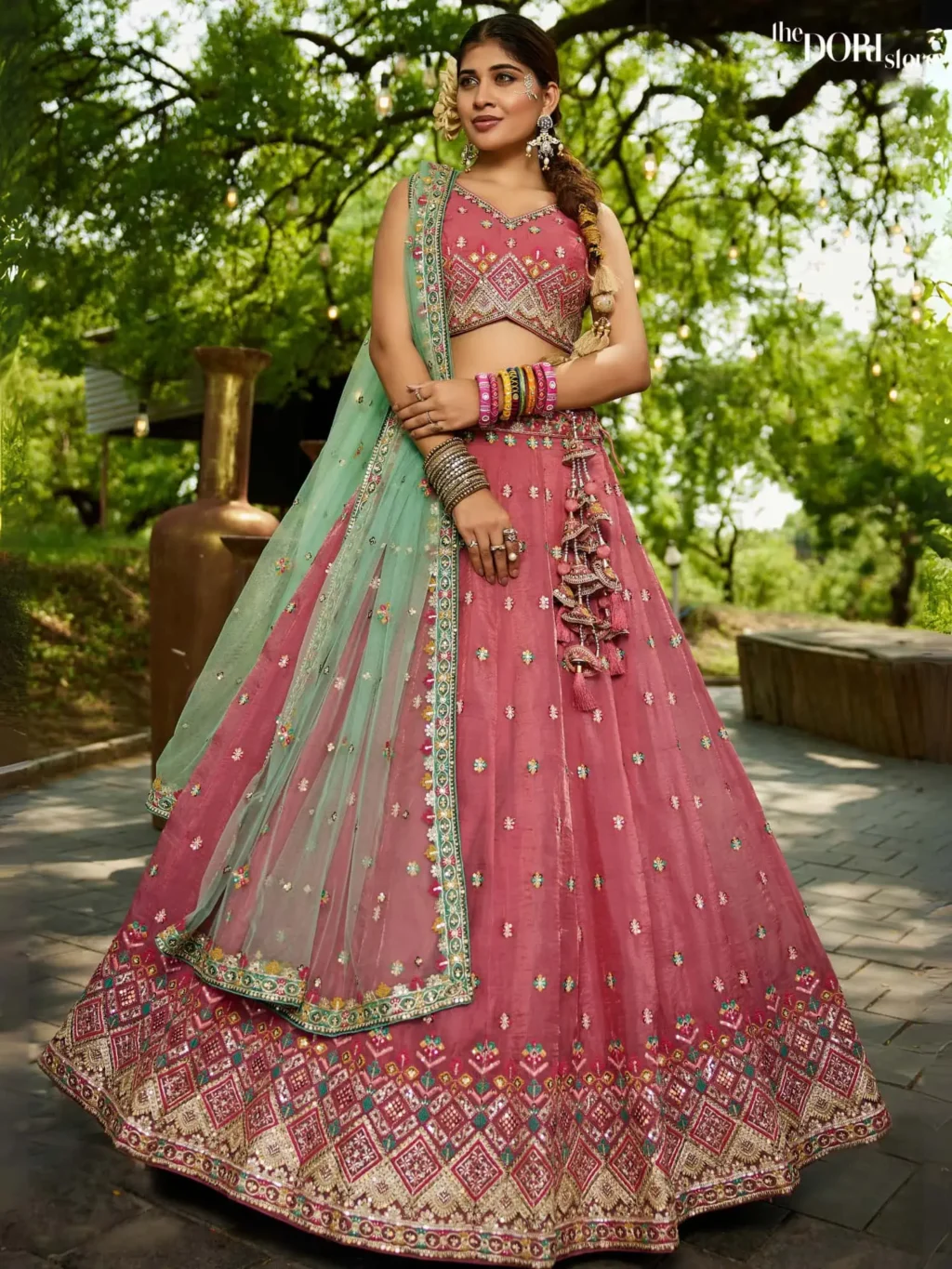 Image of Pink  Tissue Sequinse embroidery Semi-Stitched Lehenga choli  showing its unique design and quality.
