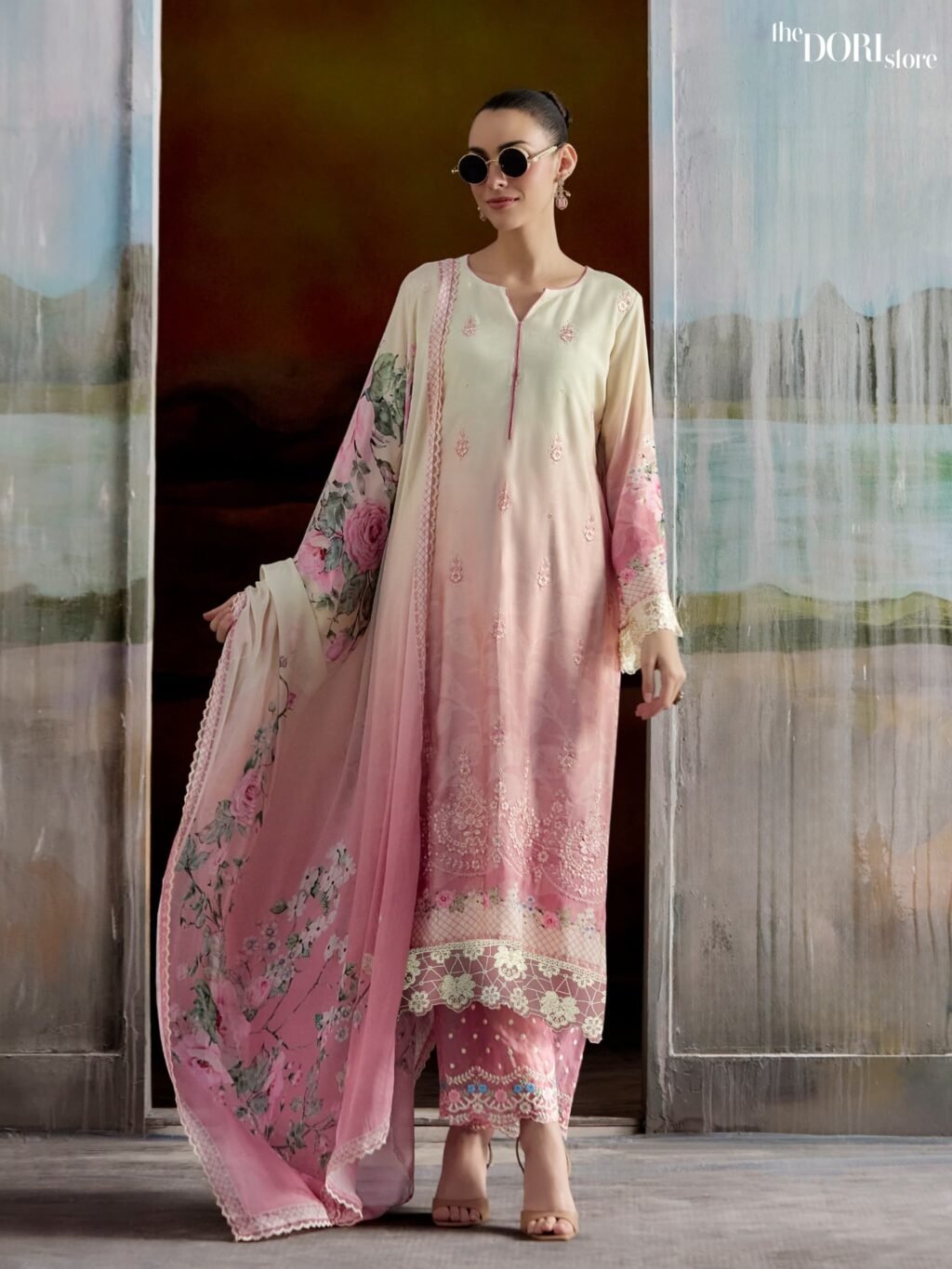 Creamish Pink Pure Muslin Digital Designer Suit with Embroidery Work  - Beautiful Aashiqi (HEER) for a classy look.