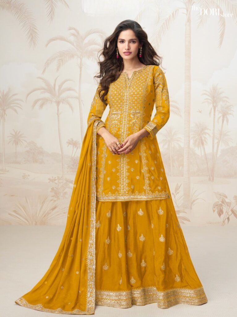 Buy Mustard Yellow Chinon Silk Partywear Suit  with stunning designs for women. Best ethnic wear