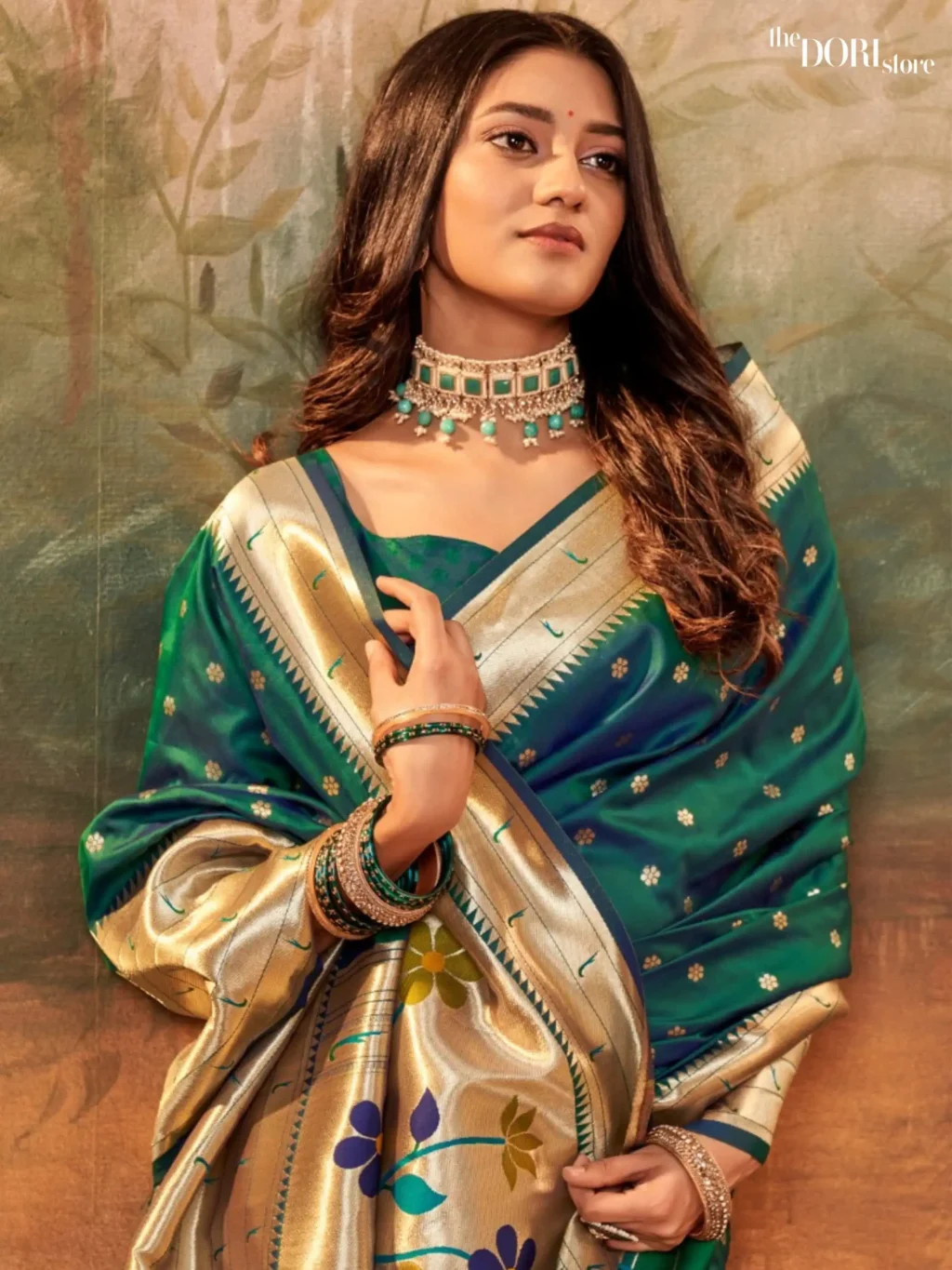 Peacock Green Paithani Silk Saree with Zari Border - Image 3