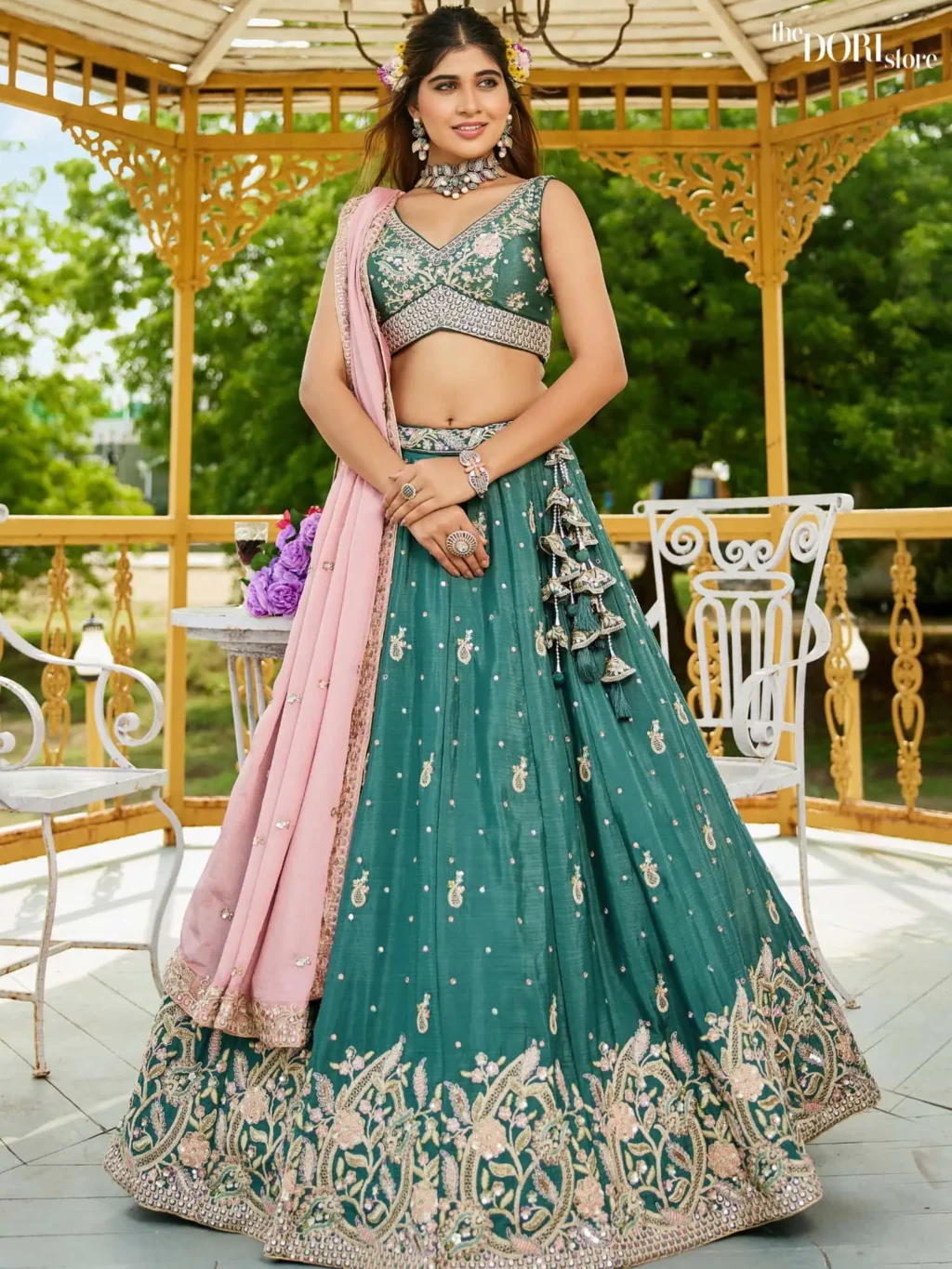Image of Teal Green Chinnon Sequinse embroidery Semi-Stitched Lehenga choli  showing its unique design and quality.