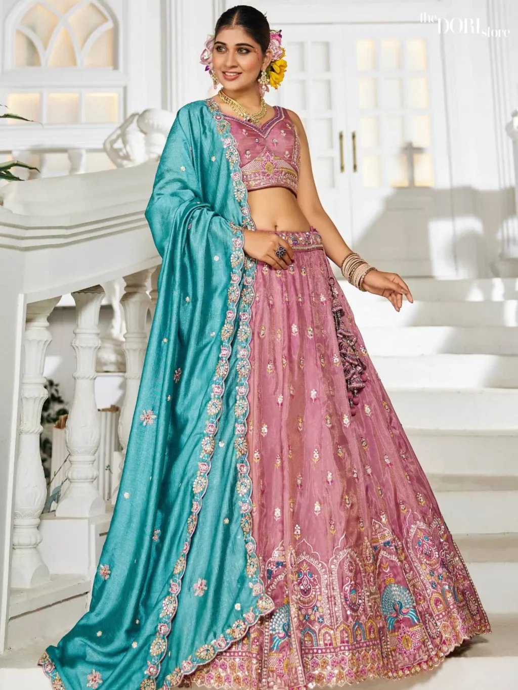 Image of Pink Tissue Sequinse embroidery Semi-Stitched Lehenga choli  showing its unique design and quality.