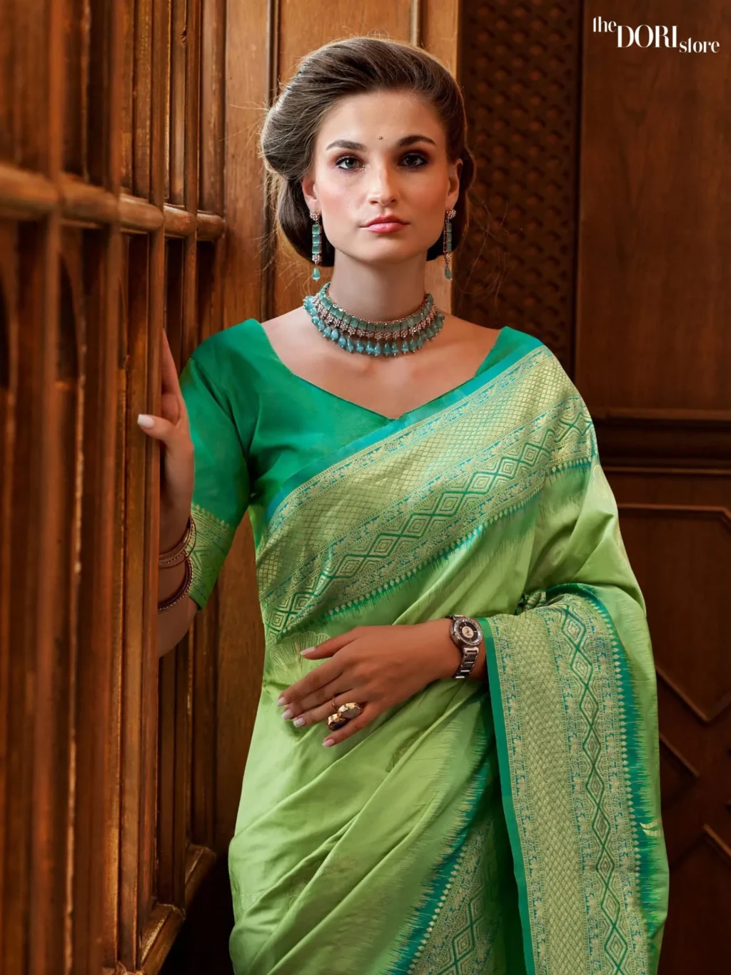 Mint Green Soft Silk Saree with Contrast Blouse - Image 3