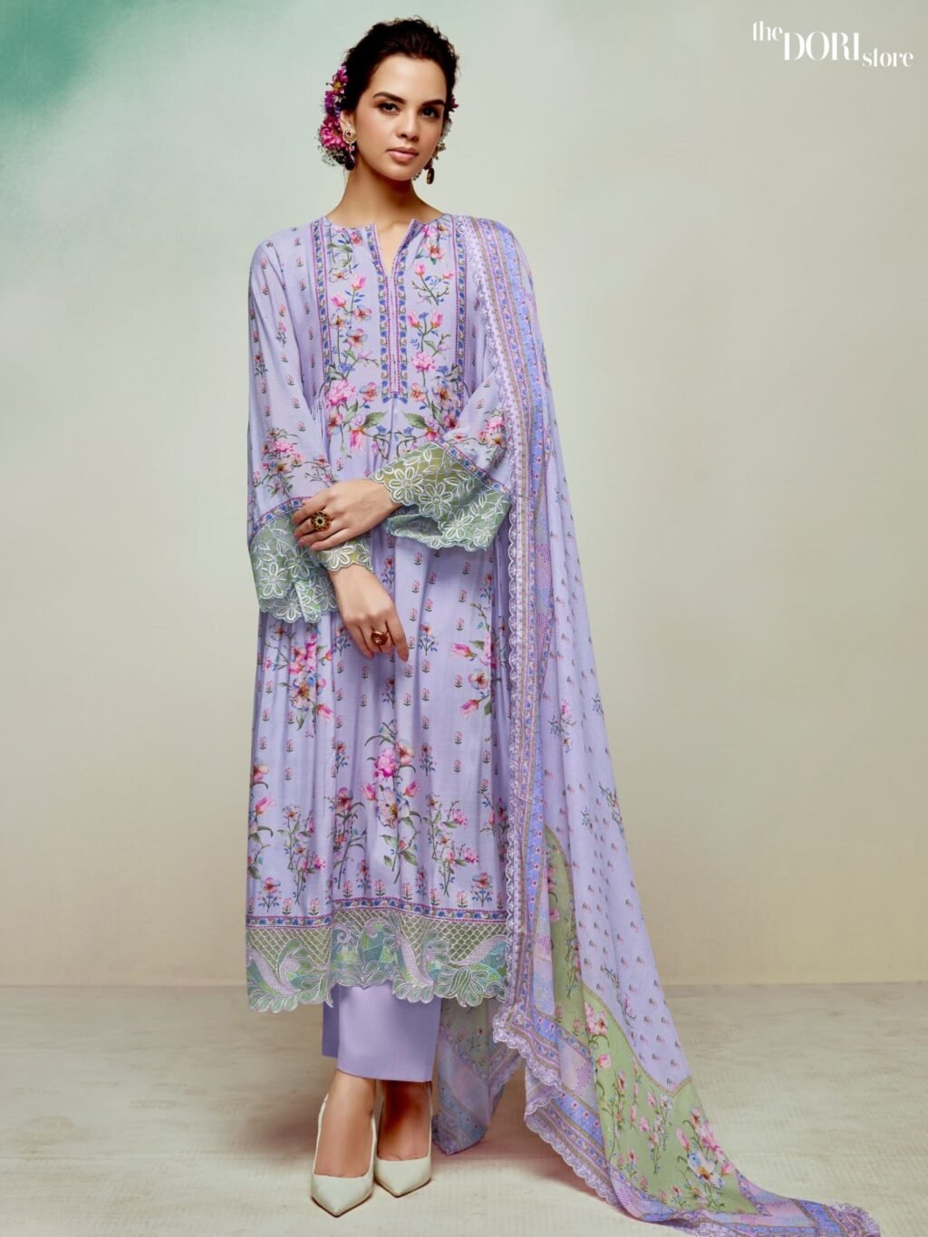 Buy Lavender Purple Digital Printed Muslin Suit with Organza Border  with stunning designs for women. Best ethnic wear