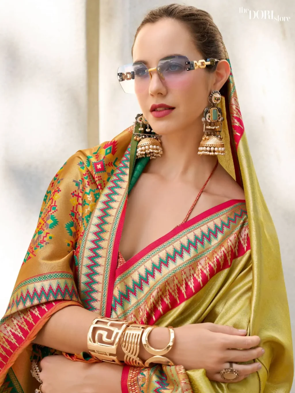Vibrant Yellow Dual Tone Partywear Tissue Silk Saree - Image 3