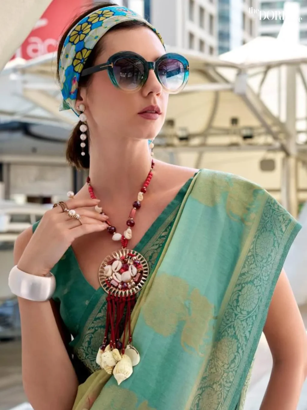 Creamish Sea Green Brown Handloom Mashroom Silk Saree - Image 3