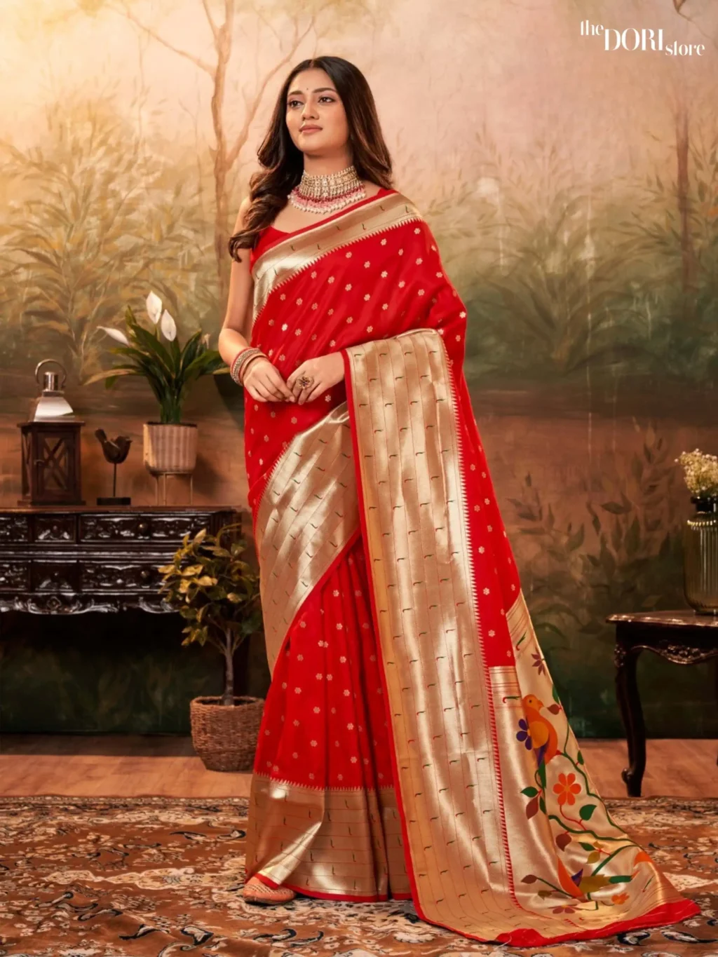 Hot Red Paithani Silk Saree with Zari Border for Women - Designer PAVITRA PAITHANI with Beautiful Fabric and Elegant Design.