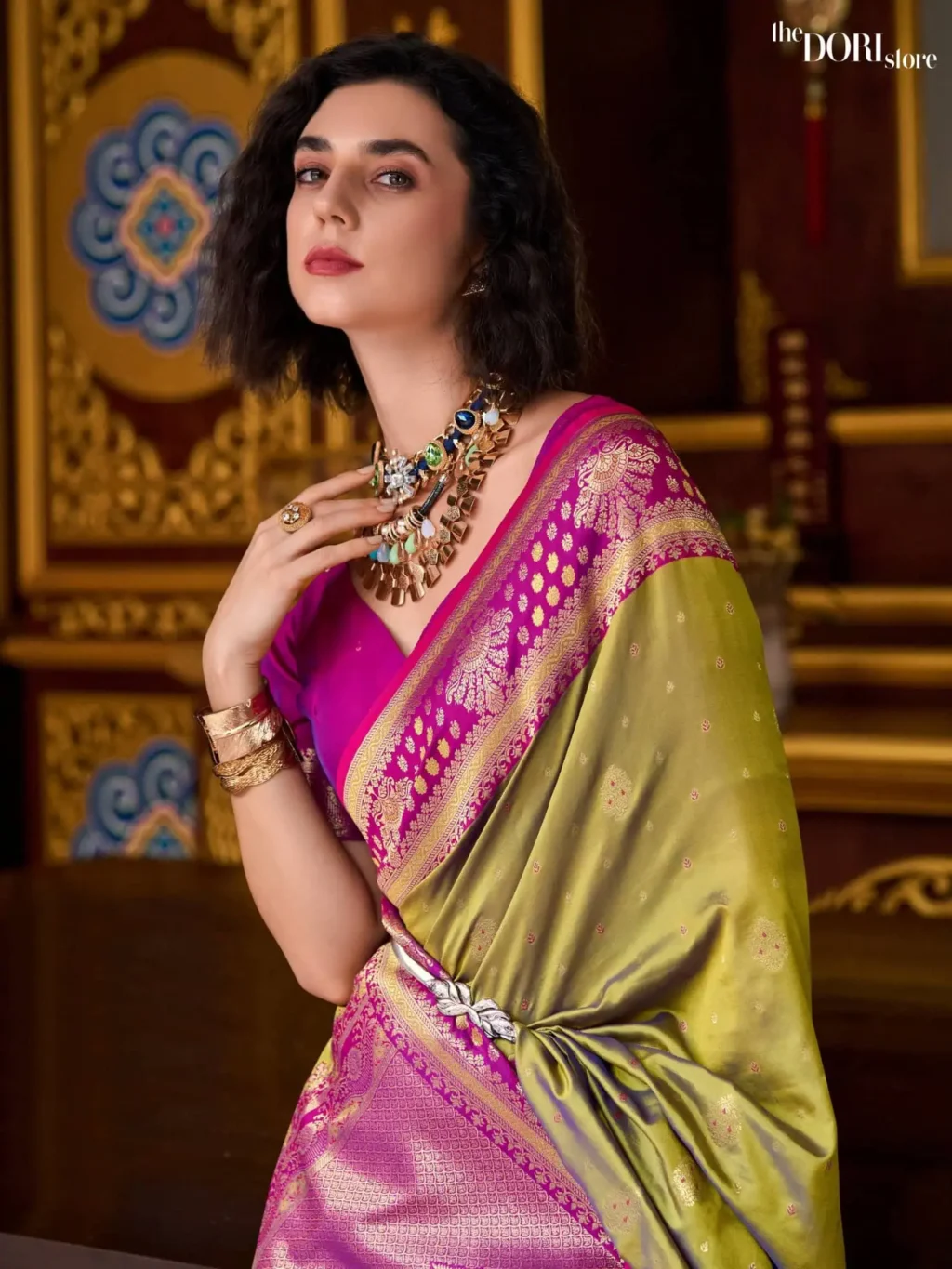 Royal Olive Green Designer Banarasi Silk Woven Saree - Image 3