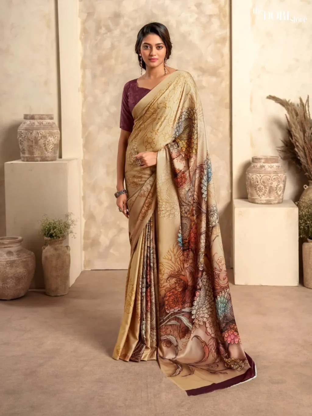 Floral Creamish Yellow Sattin  Printed Crepe Silk Saree for Women - Designer Winter Lover  with Beautiful Fabric and Elegant Design.