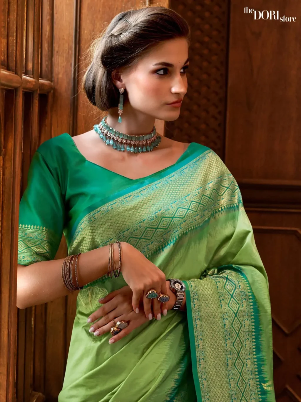 Mint Green Soft Silk Saree with Contrast Blouse - Image 4