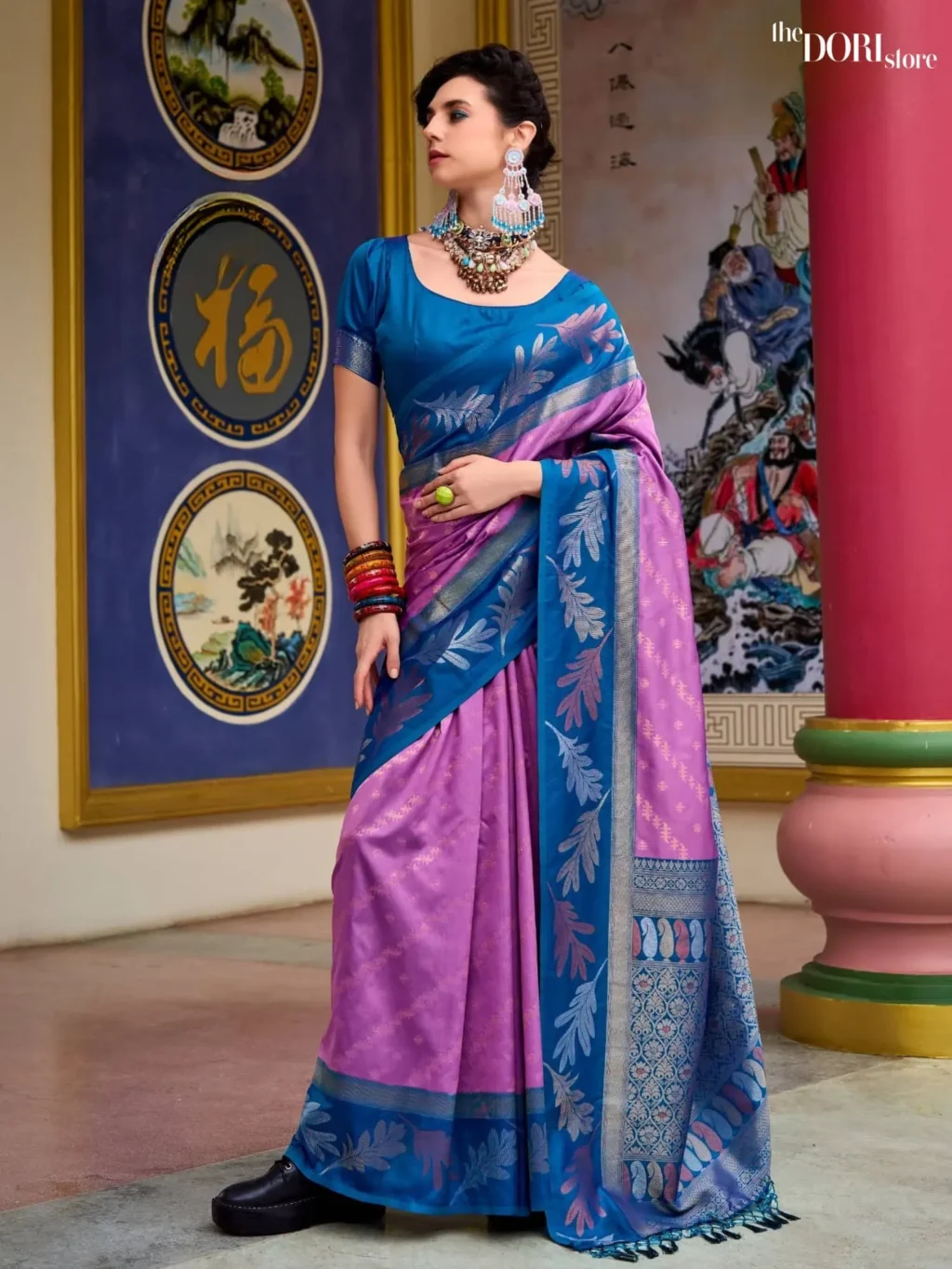 Bluish Lavender Purple Pure Soft Banarasi Silk Saree for Women - Designer Leaf Silk  with Beautiful Fabric and Elegant Design.