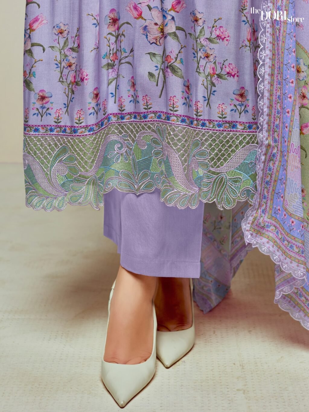 Lavender Purple Digital Printed Muslin Suit with Organza Border - Image 4