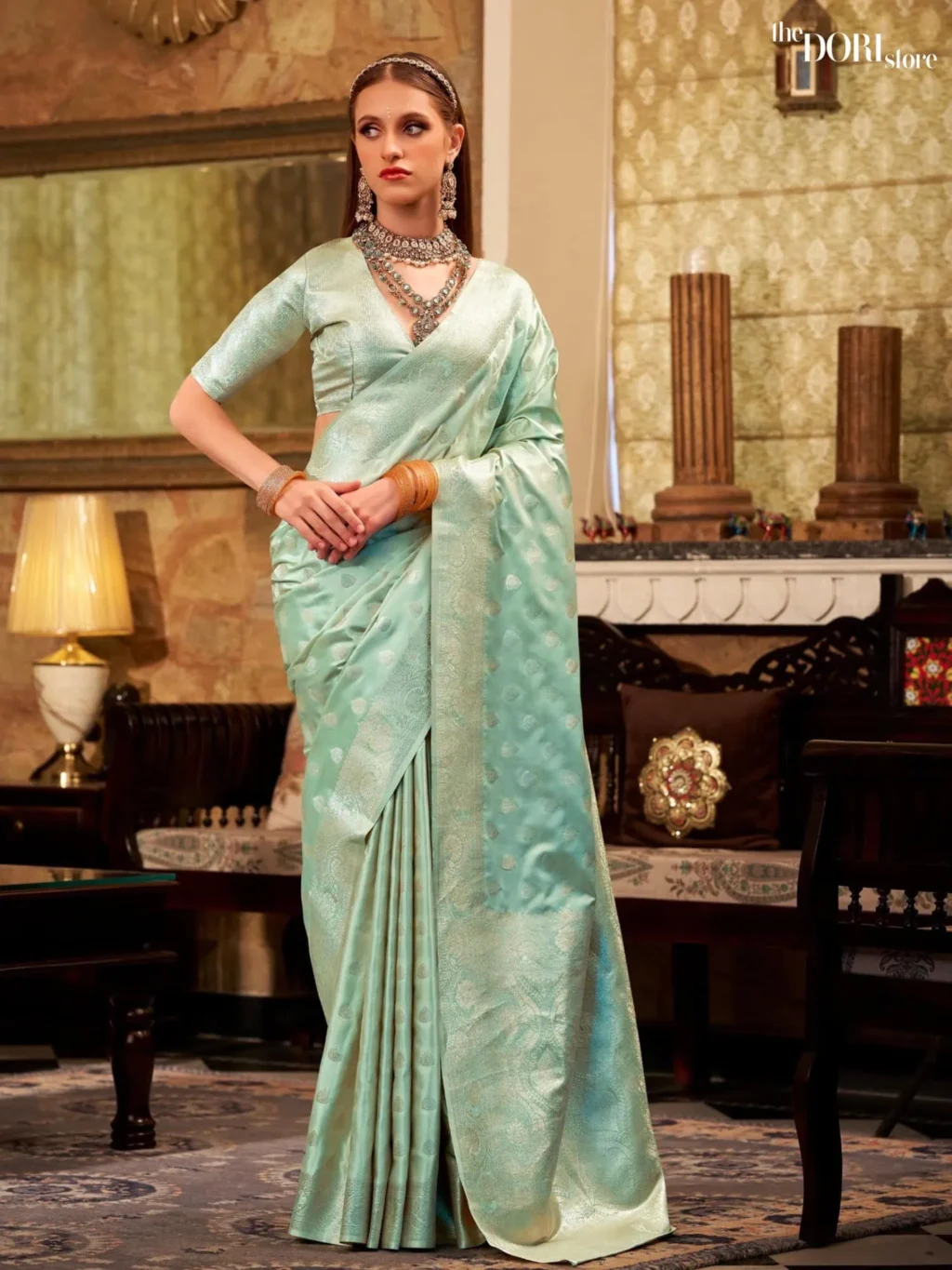 Aqua Blue Pure Soft Banarasi Sattin Silk Saree for Women - Designer Shella Gold  with Beautiful Fabric and Elegant Design.
