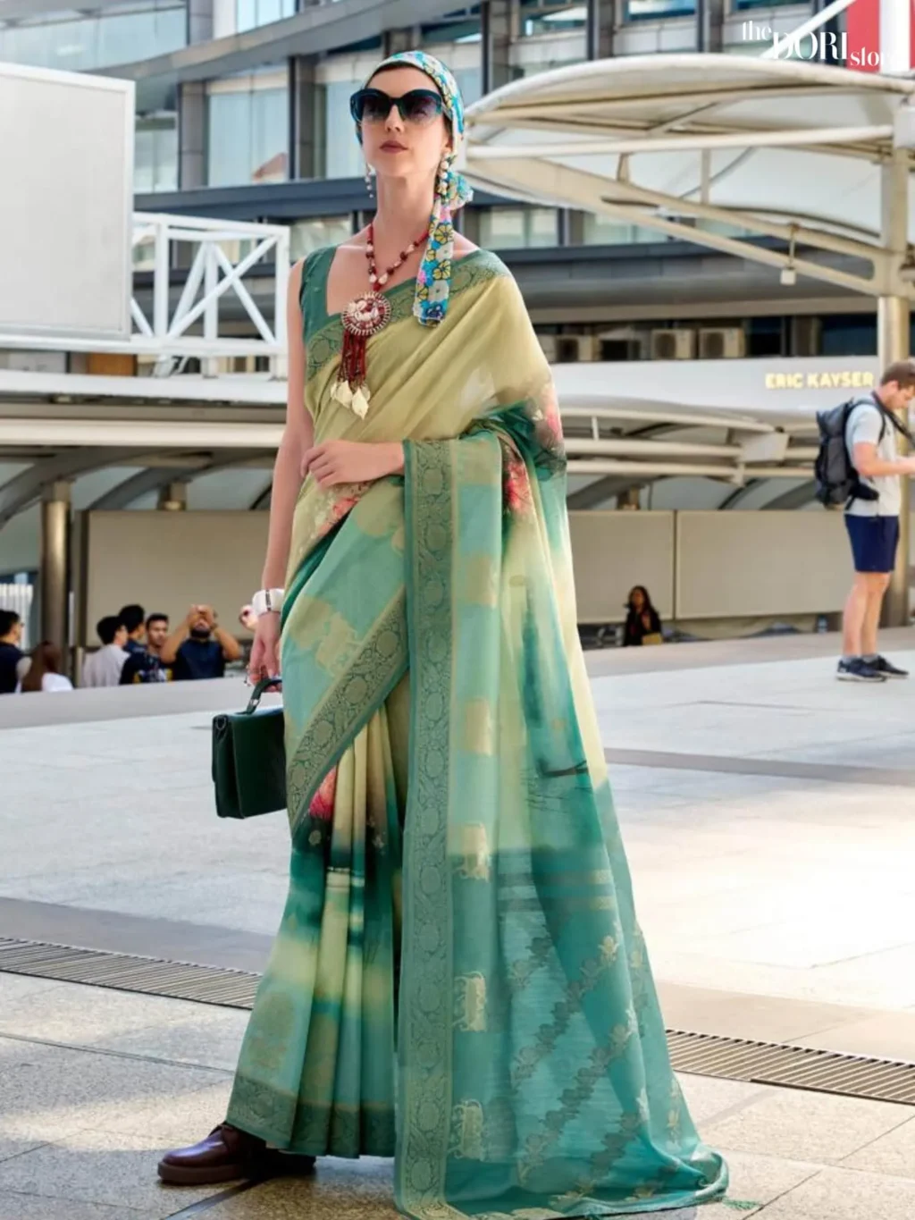 Creamish Sea Green Brown Handloom Mashroom Silk Saree - Image 4