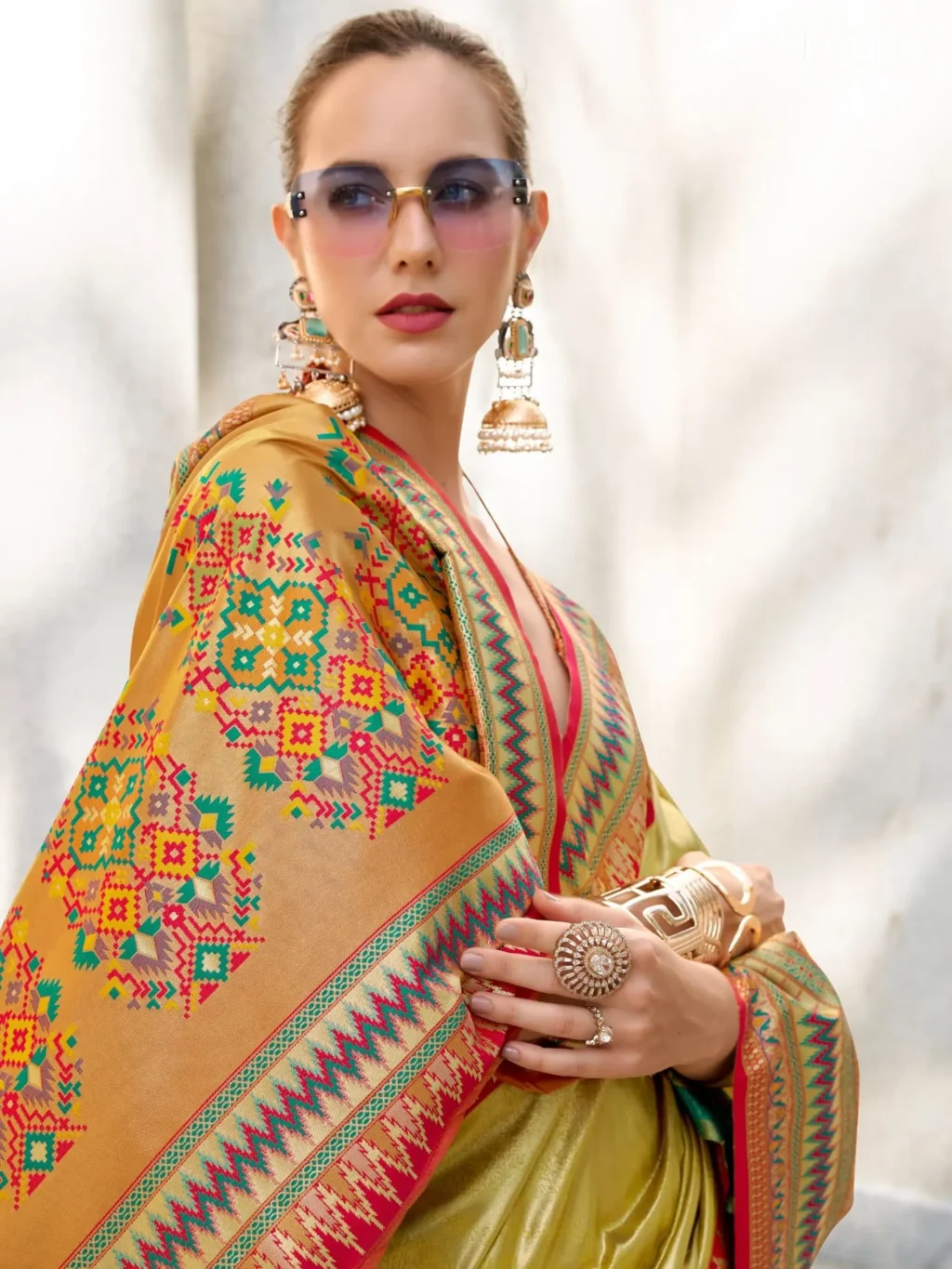 Vibrant Yellow Dual Tone Partywear Tissue Silk Saree - Image 4